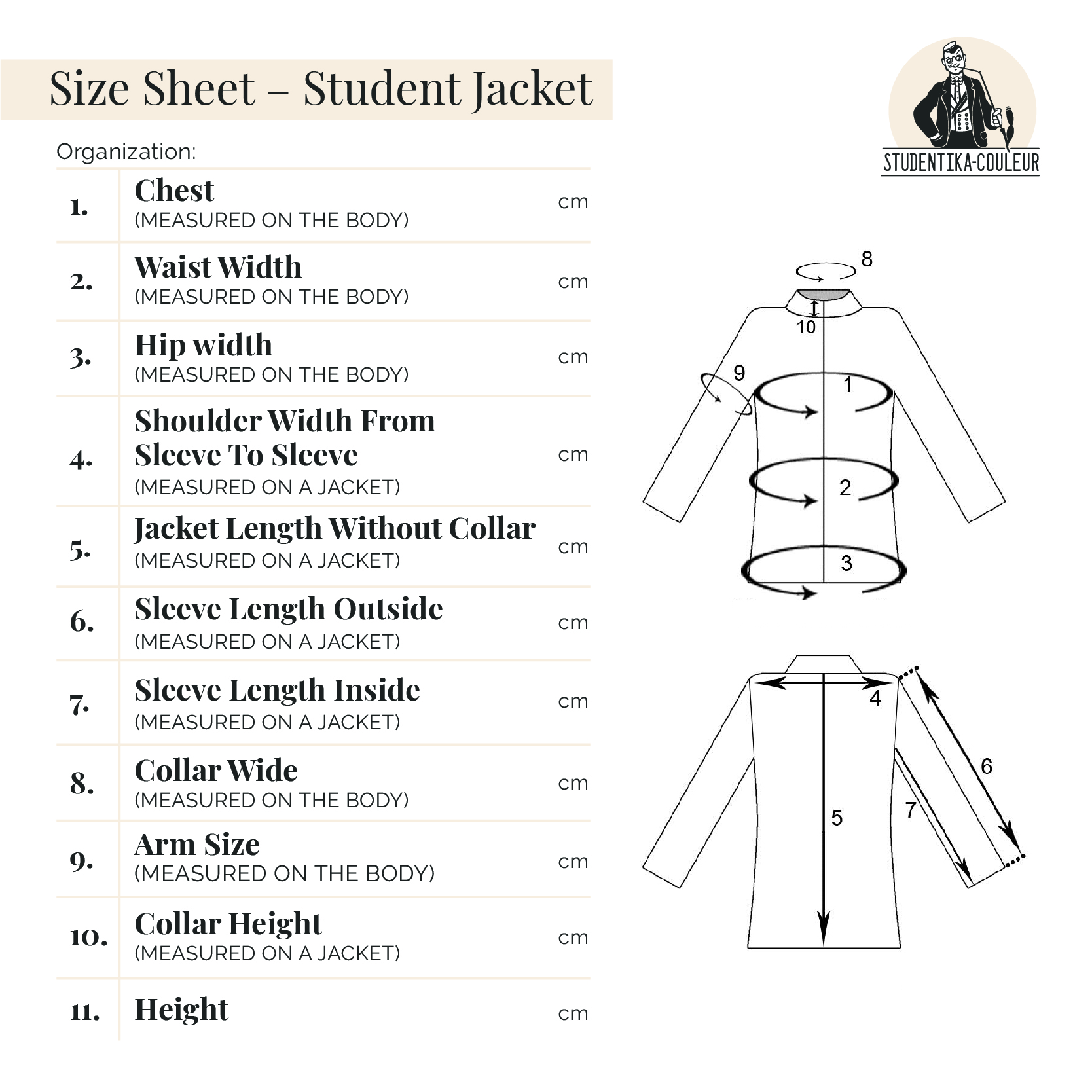 studentika-couleur size sheet